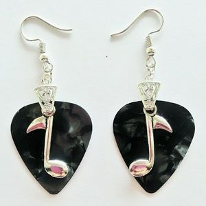 Silver Black Guitar Pick Music Note Earrings